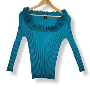 Y2K Teal Silk Blend Rosette Neck Top Fits Womens Size Small‎ Bodycon Glam Ruffle